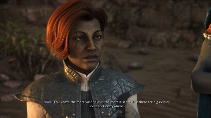 The player-character Rook in a Dragon Age: The Veilguard dialogue scene, commenting on a revelation about a possible new evil.