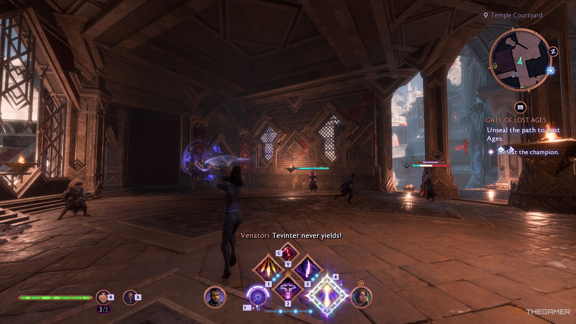 Rook casting a spell with a staff in combat in Dragon Age Veilguard.