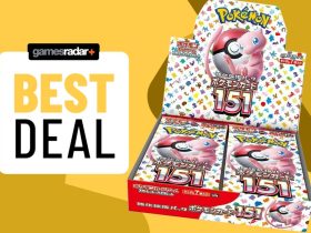 Japanese Pokemon 151 booster box beside a 'best deal' badge, against a yellow background