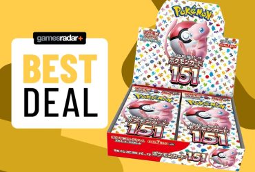 Japanese Pokemon 151 booster box beside a 'best deal' badge, against a yellow background