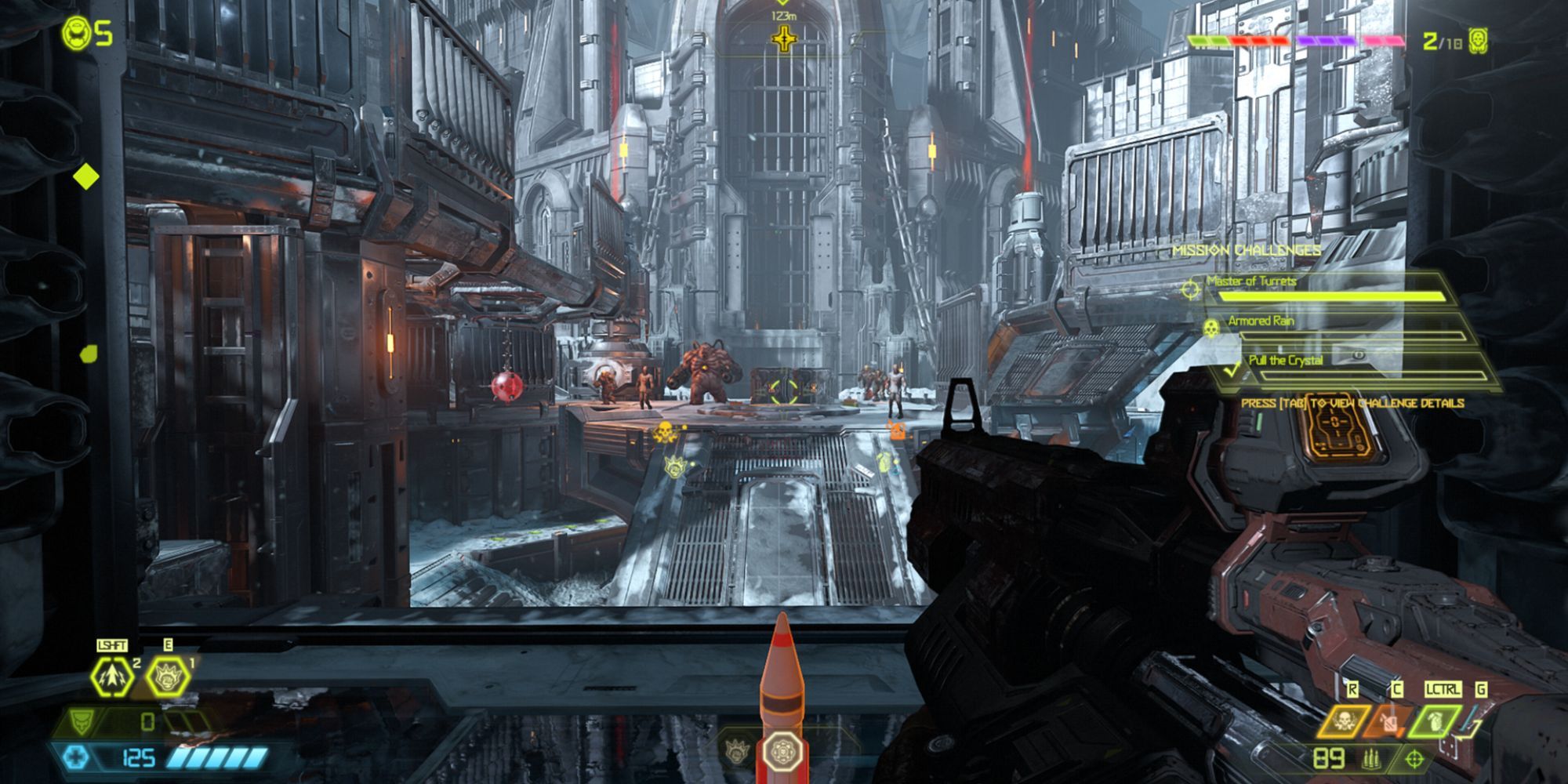 A screenshot from the 2019 FPS game, Doom: Eternal wherein the player is on one side of a bridge, looking at a group of demons they're about to fight on the other side of the bridge.