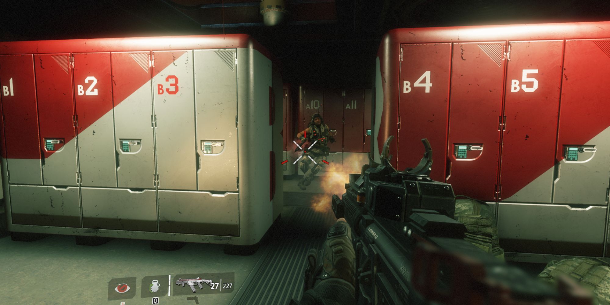 A screenshot from the video game, Titanfall 2 in which the player is in a locker room where they have just shot an enemy firing at them from cover behind a locker.