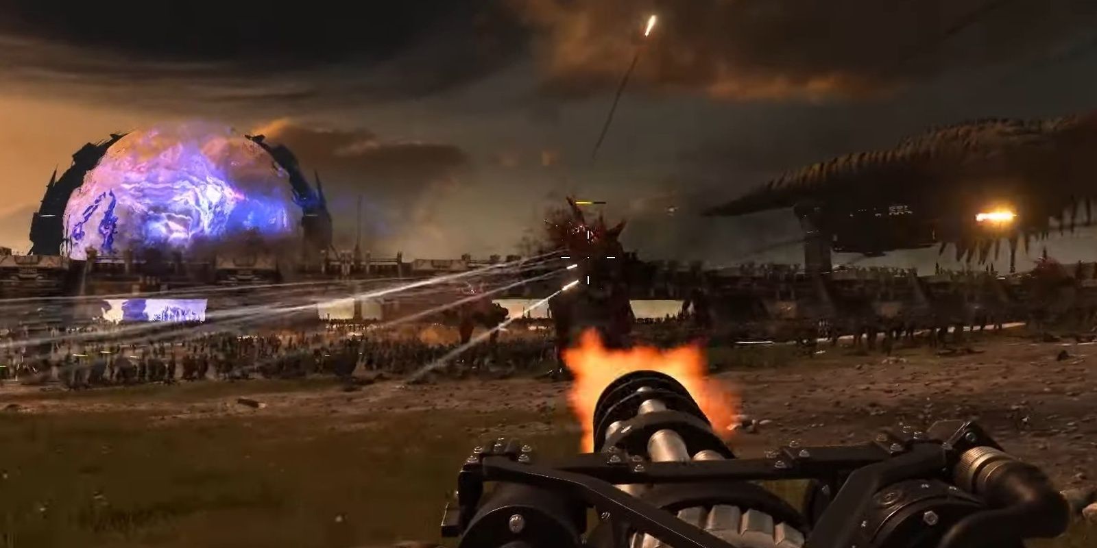 The opening prologue to Serious Sam 4 with a huge battle where the player is controlling a chain gun.