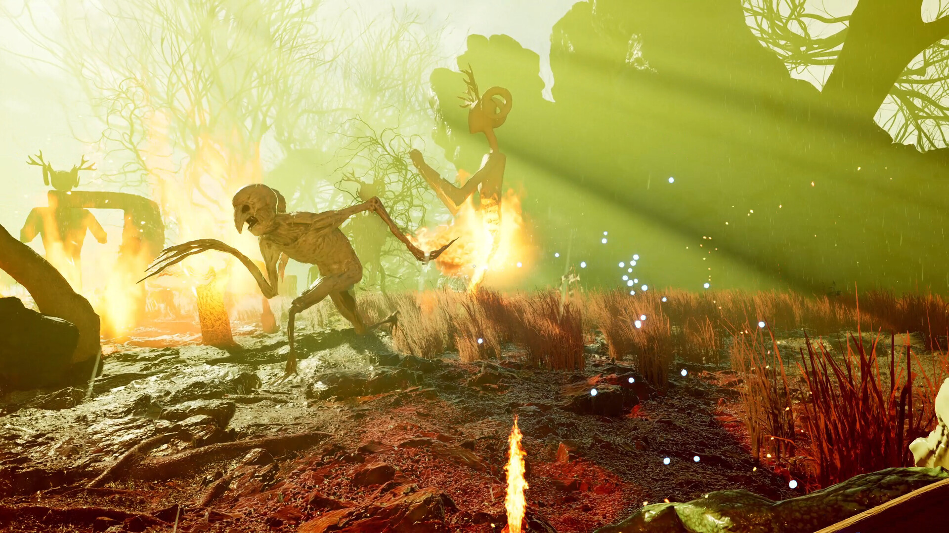 The Axis Unseen screenshot showing creatures on fire running through a sun soaked glade