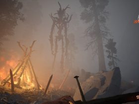 The Axis Unseen screenshot showing a tree-like creature next to a firepit