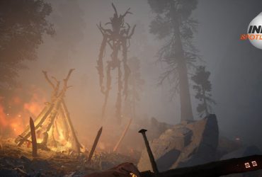 The Axis Unseen screenshot showing a tree-like creature next to a firepit