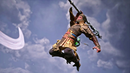 Best Black Myth Wukong builds: The Destined One flies through the air above Kang-Jin Loong.