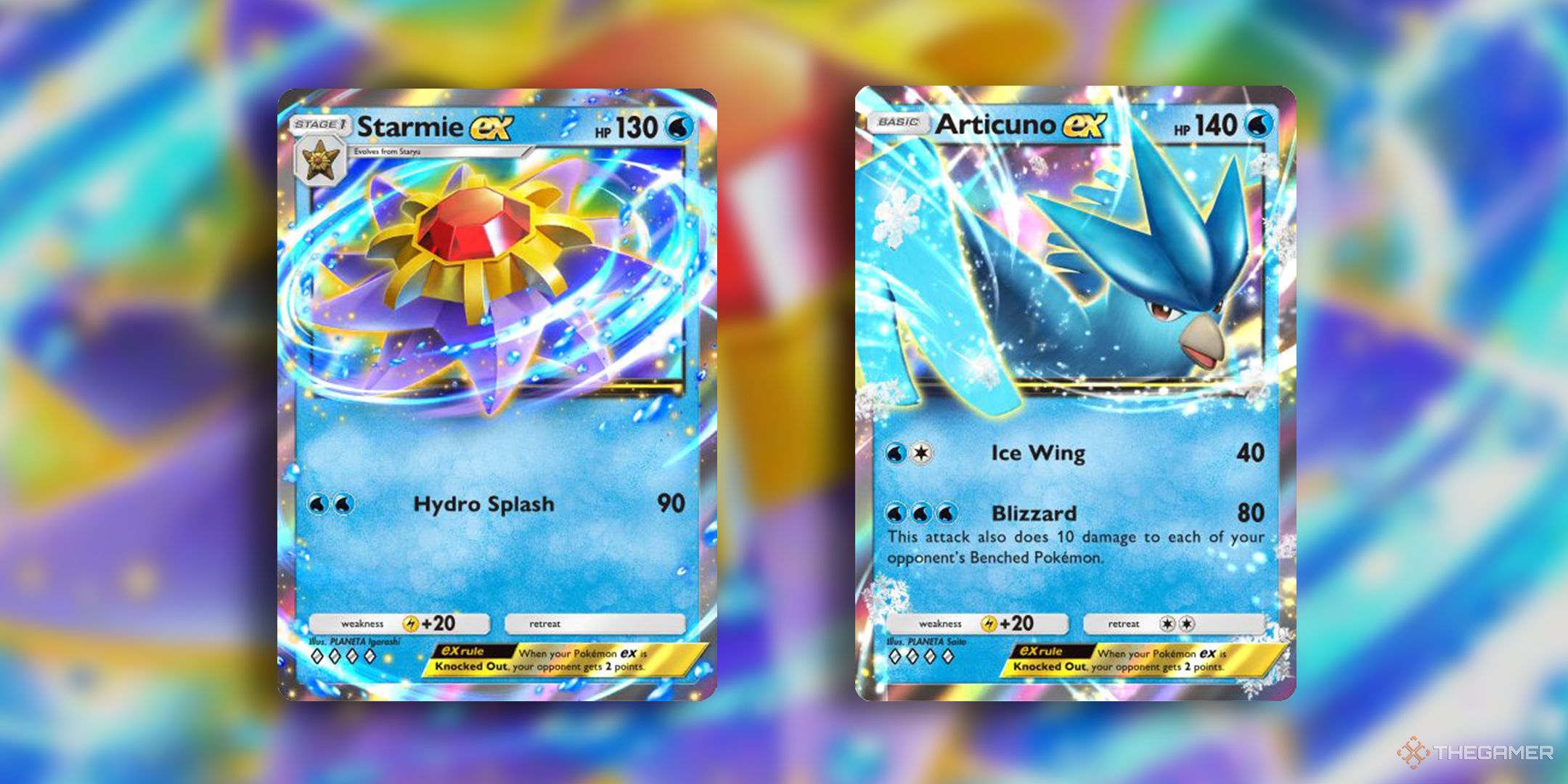 The cards for Starmie ex and Articuno ex, with a blurry background of Starmie ex's art.