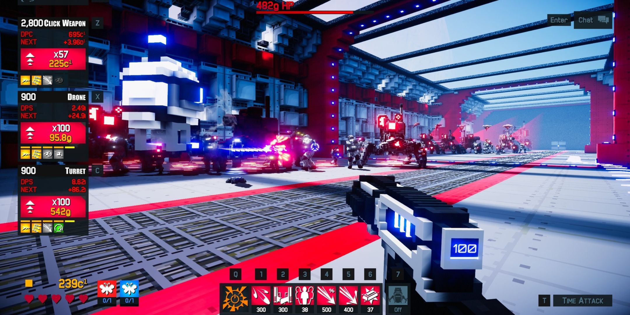 Time Warpers screenshot of the player aiming a gun at a group of enemies.