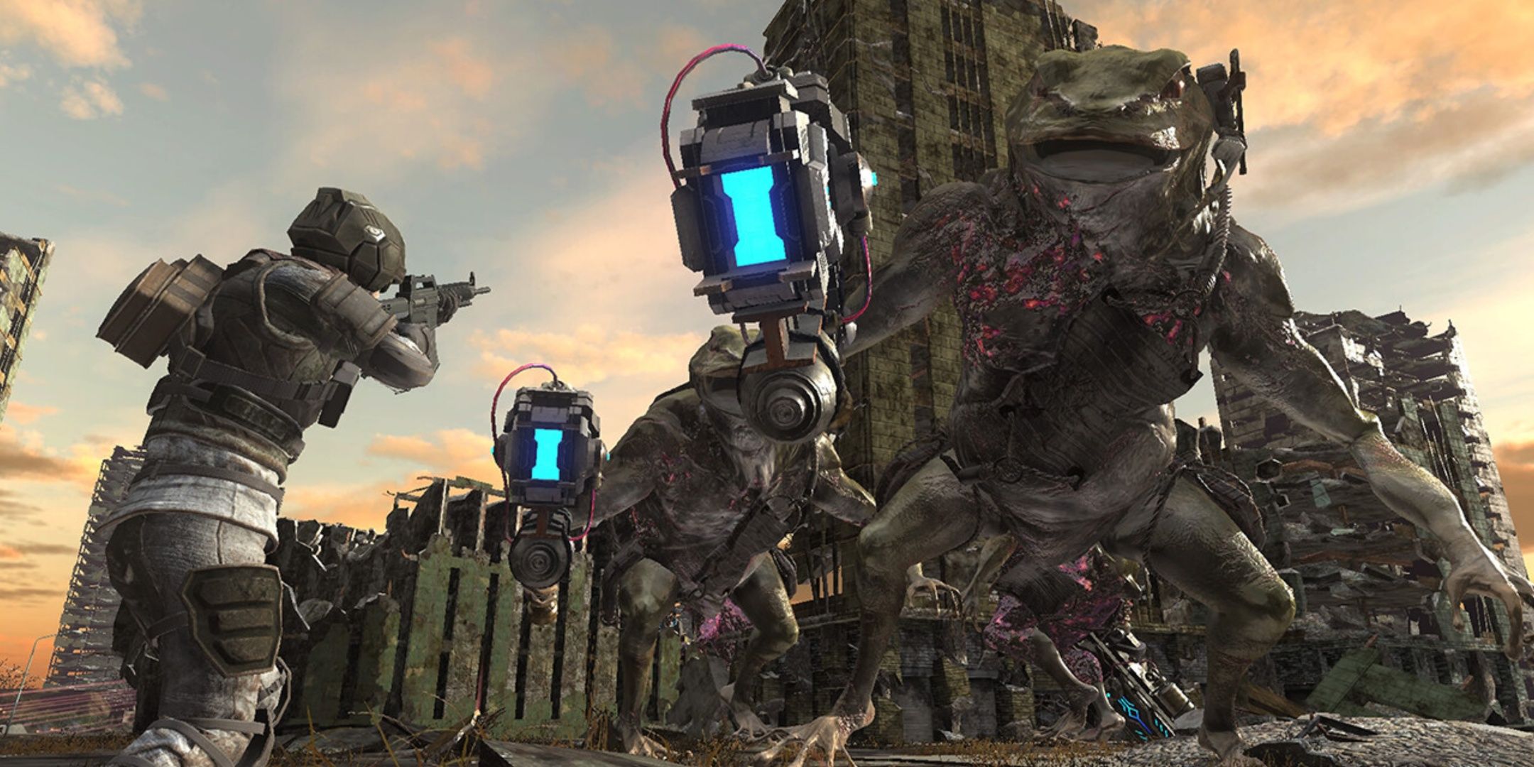 Earth Defense Force 6 screenshot of player looking at Giant Frogs.