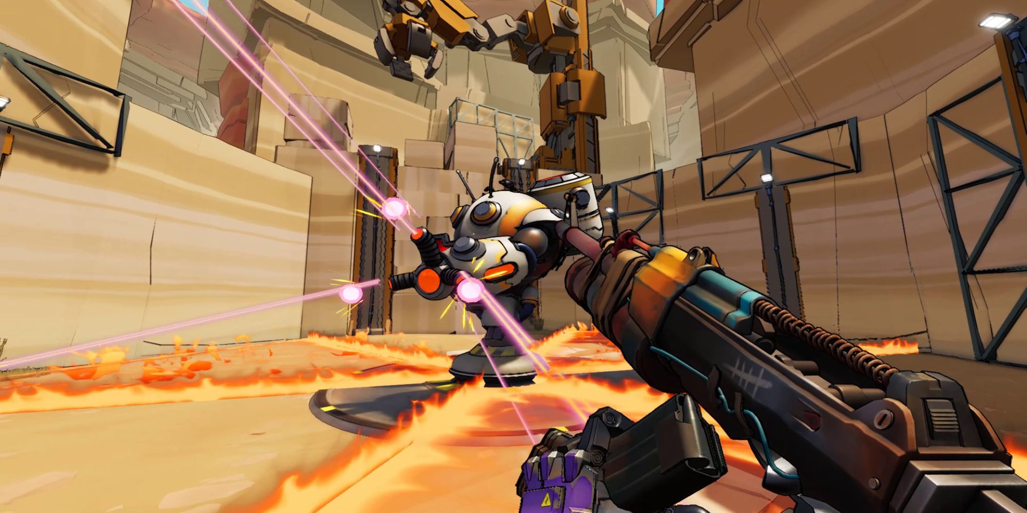 The player reloads as a robotic boss shoots red laser beams out that cause fire.