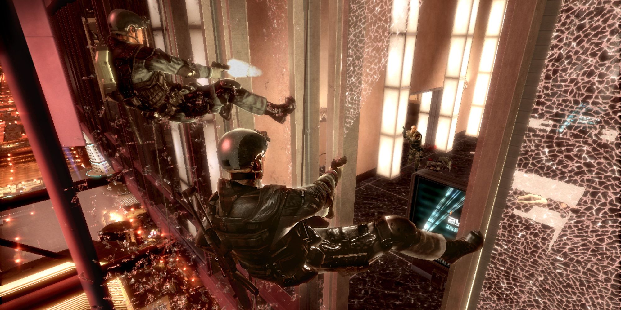 Rainbow Six Vegas screenshot of two guys rappelling and shooting through glass.