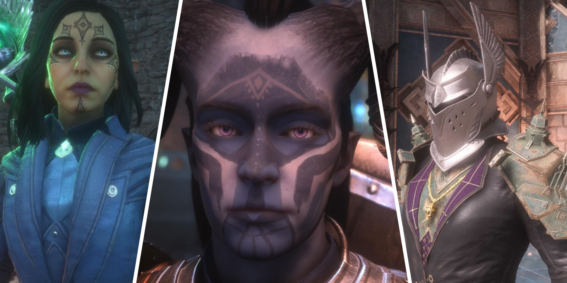 Three different custom Rooks showing their amor and helmets, in Dragon Age: The Veilguard.