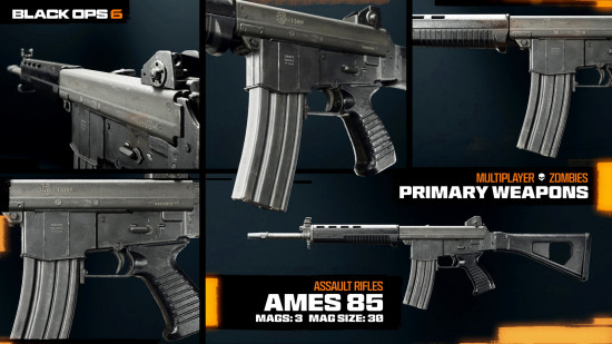 Shots of the AMES 85, one of the best Black Ops 6 weapons, from various angles.