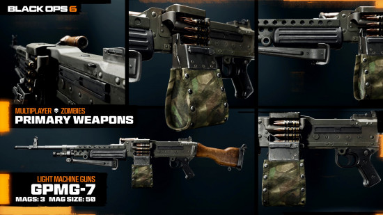 Shots of the GPMG-7, one of the best Black Ops 6 weapons, from various angles.