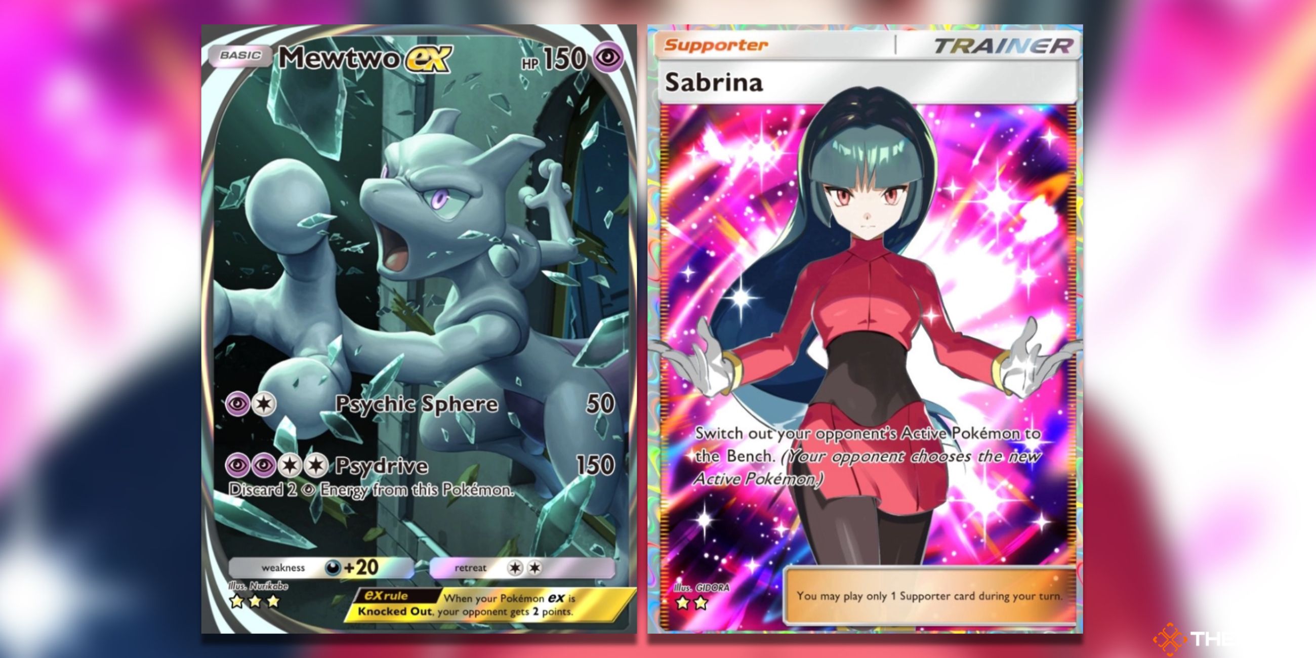 The Mewtwo ex Immersive Rare and Sabrina Full Art in Pokemon Pocket.