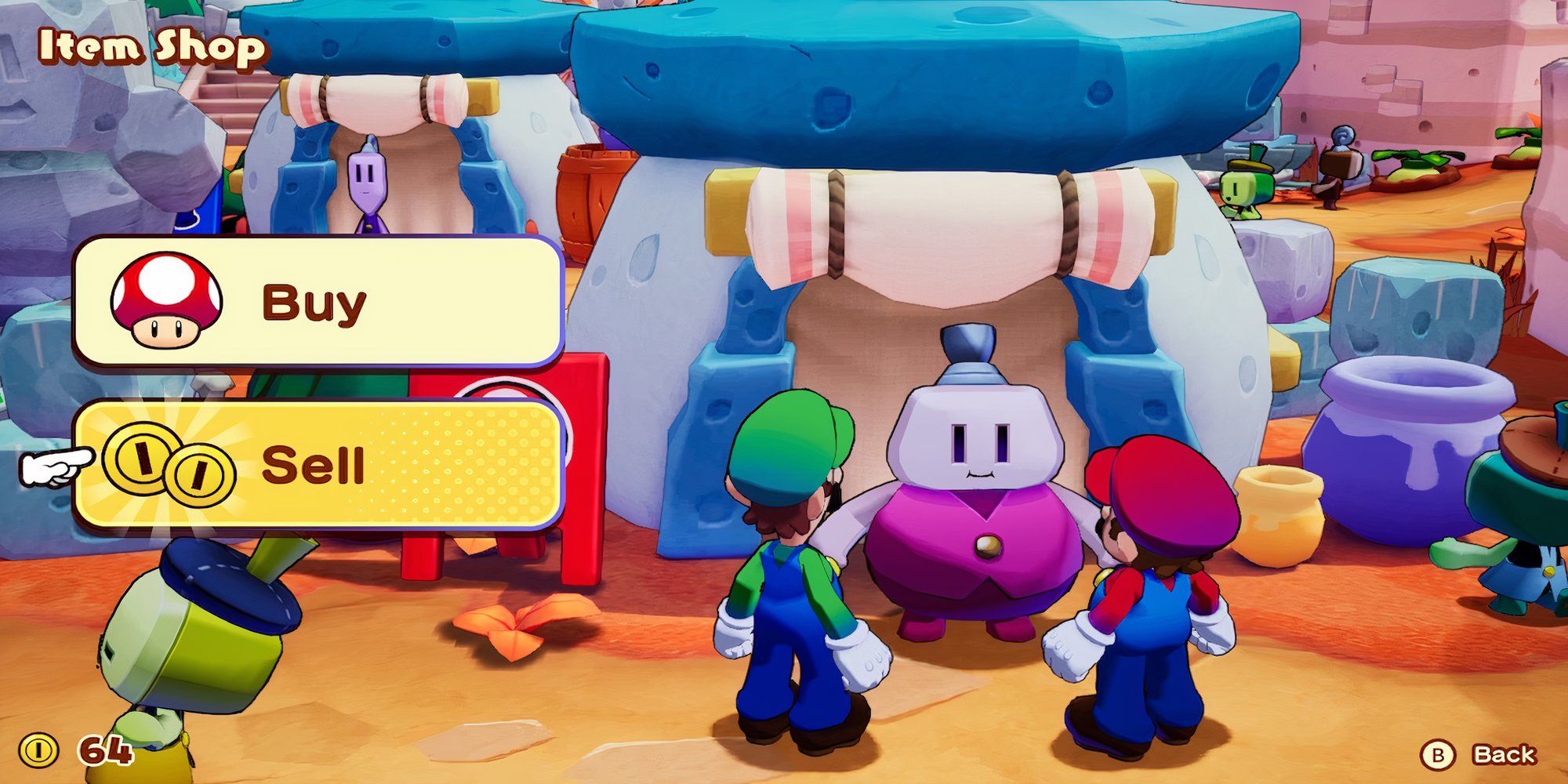 Talking to a store vendor in Mario & Luigi Brothership