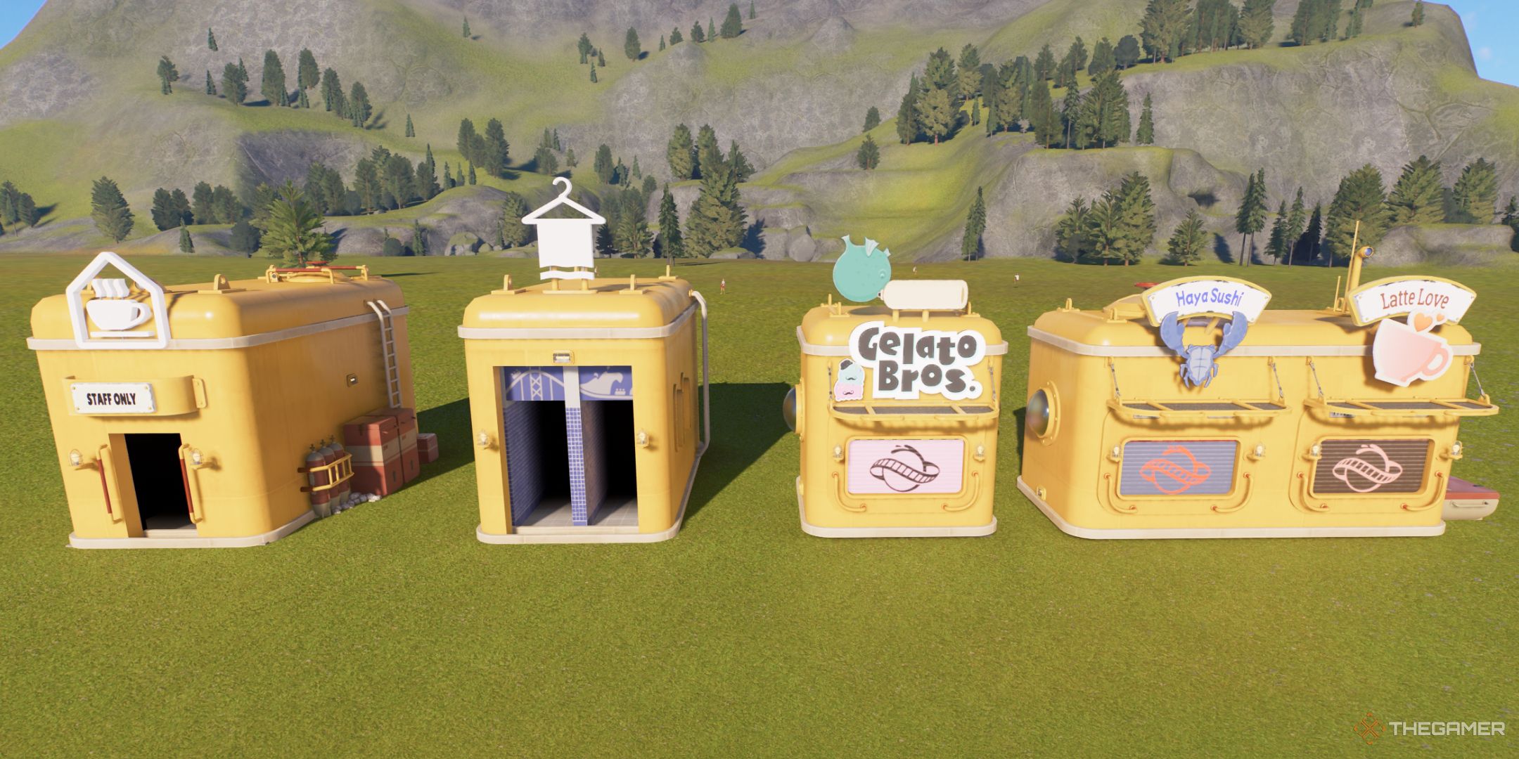 Planet Coaster 2 edited shop shells with custom signs