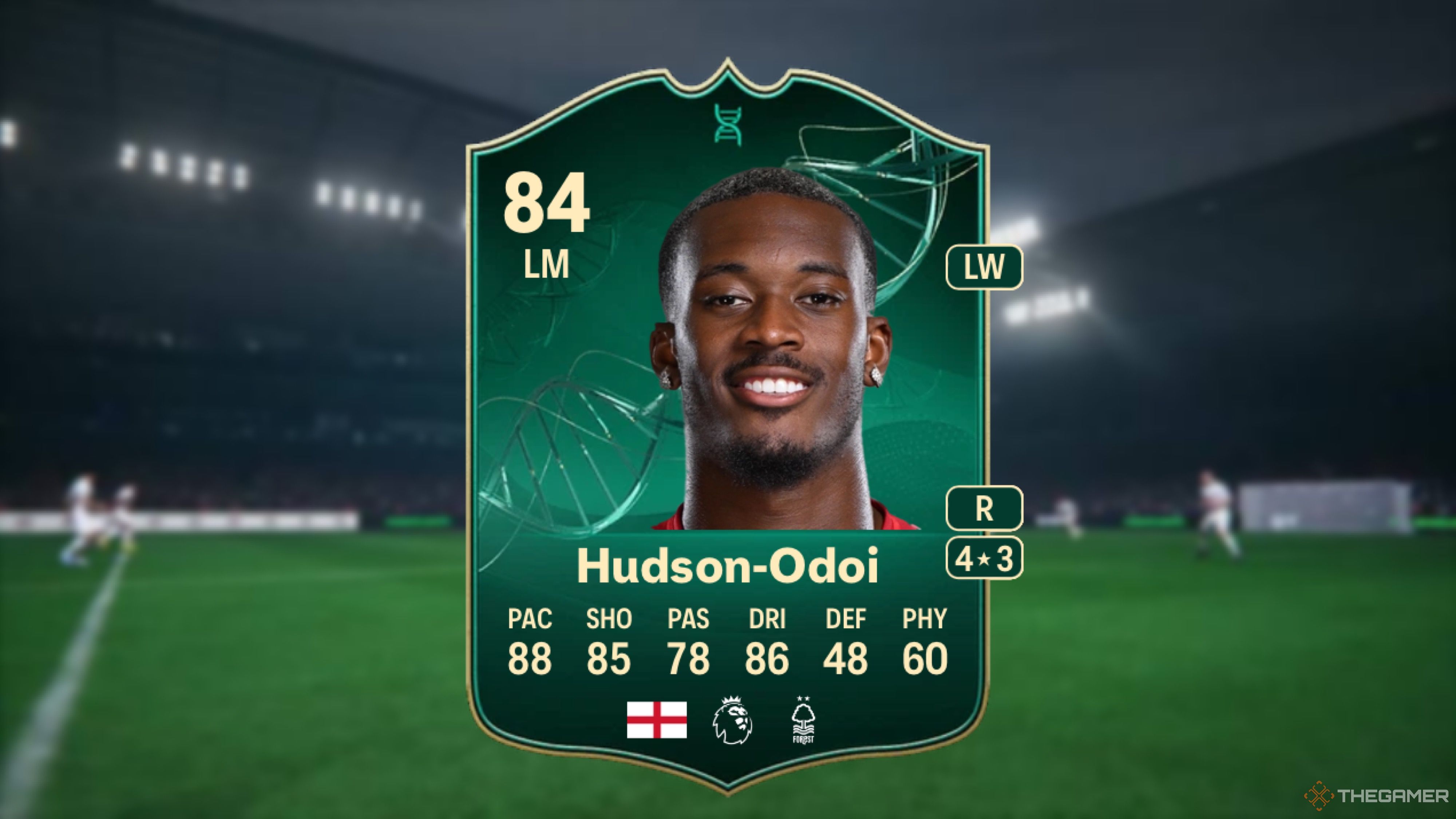 Image showing Hudson-Odoi card against a faded stadium background.