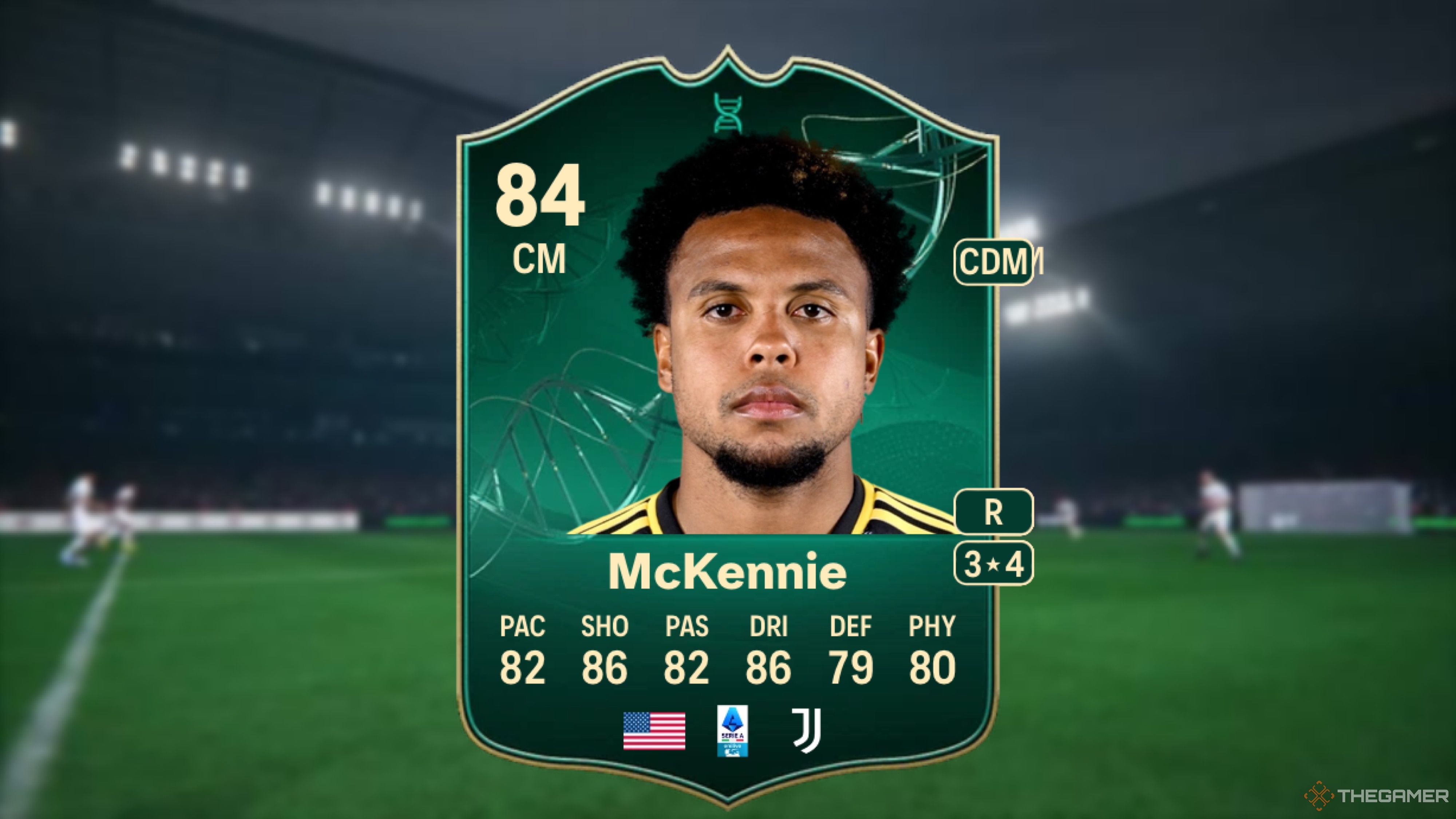 Image showing McKennie card against a faded stadium background.