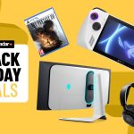 Asus ROG Ally, Alienware gaming monitor, SteelSeries gaming headset, and Final Fantasy 16 PS5 game on a yellow background with Black Friday deals badge