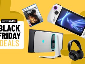 Asus ROG Ally, Alienware gaming monitor, SteelSeries gaming headset, and Final Fantasy 16 PS5 game on a yellow background with Black Friday deals badge