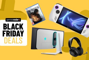 Asus ROG Ally, Alienware gaming monitor, SteelSeries gaming headset, and Final Fantasy 16 PS5 game on a yellow background with Black Friday deals badge