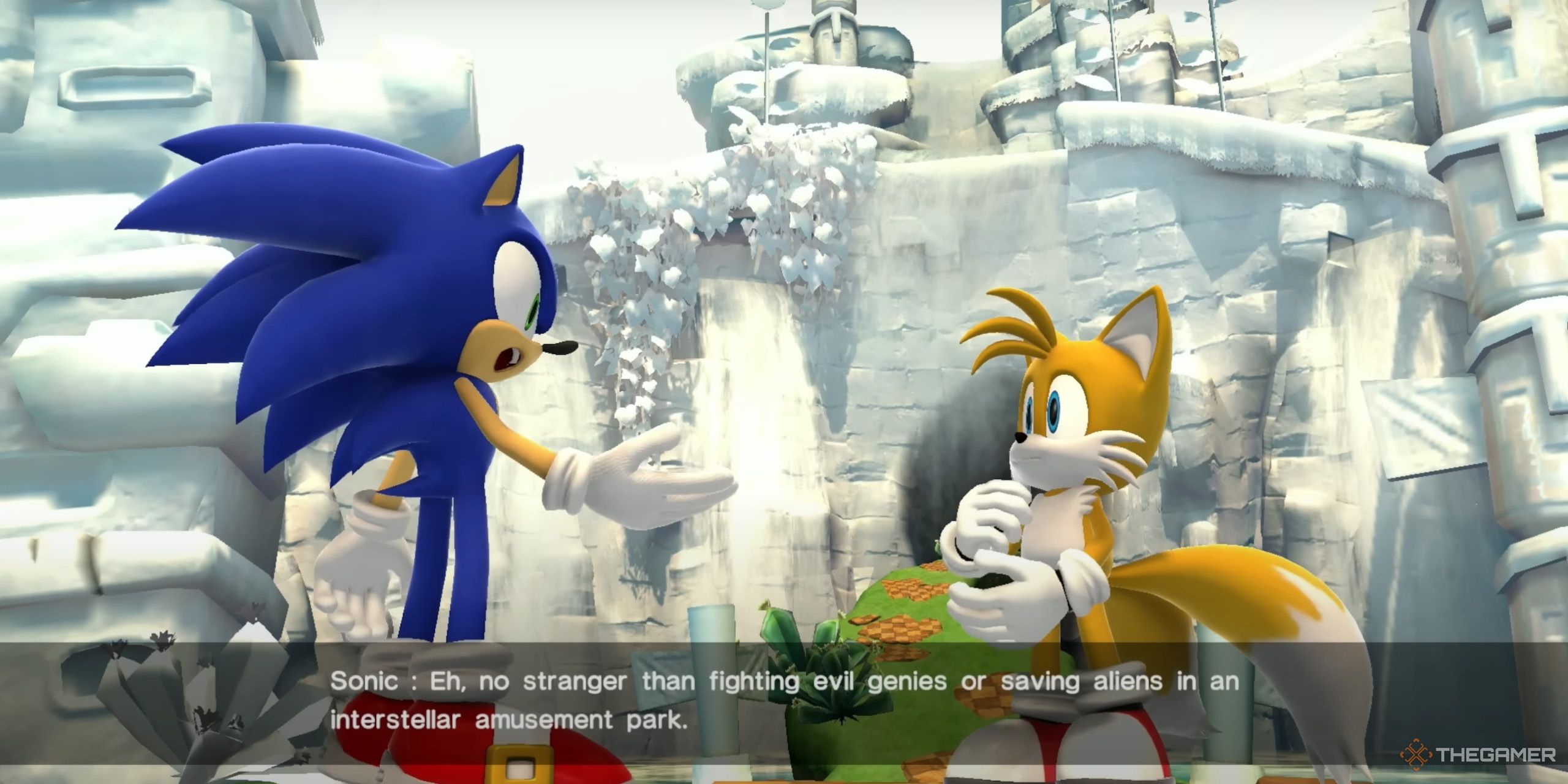 Sonic from Sonic X Shadow Generations telling Tails, "No stranger than fighting evil genies or saving aliens in an interstellar amusement park."