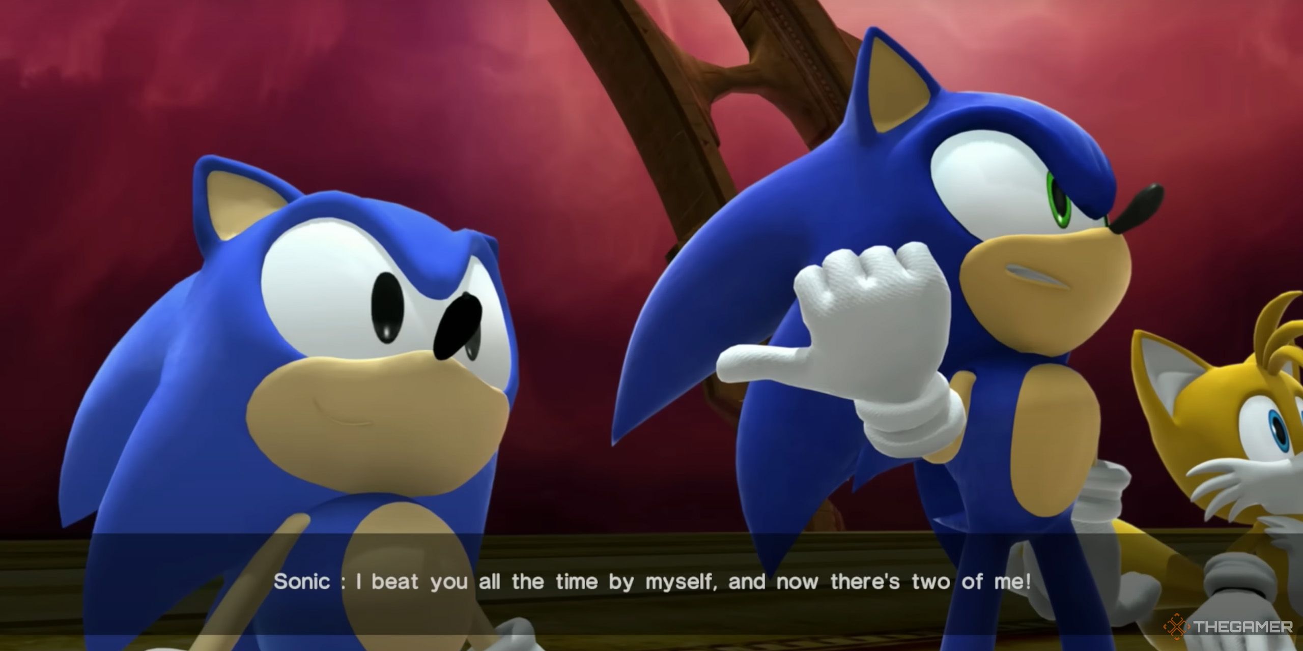 Sonic from Sonic X Shadow Generations telling Eggman, "I beat you all the time by myself, and now there's two of me!"