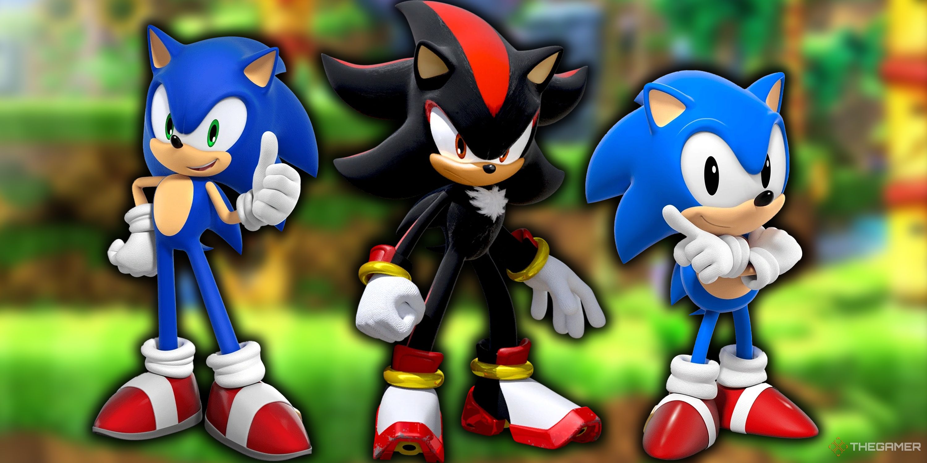 Modern Sonic, Shadow, and Classic Sonic standing in Green Hill Zone from Sonic X Shadow Generations.