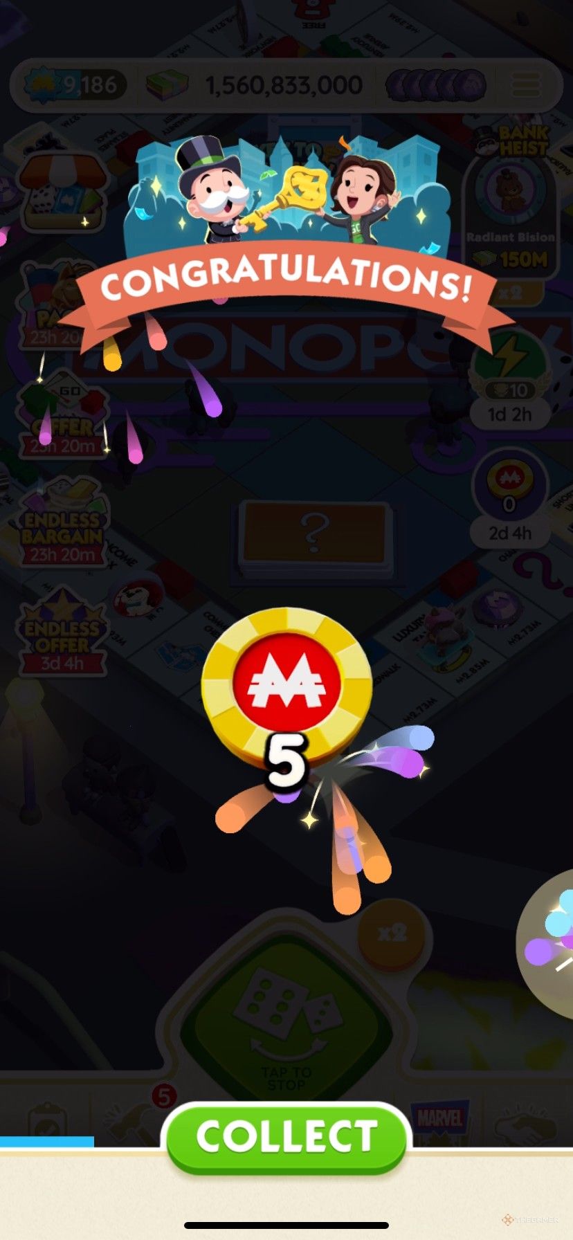 Collecting 5 free Peg-E tokens from the Key to the City rewards in Monopoly Go.