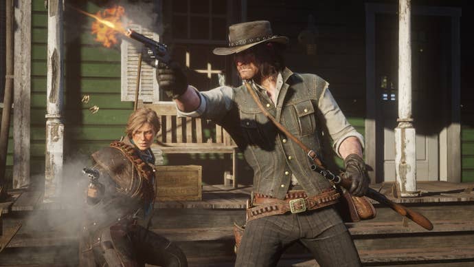 John and Sadie can be seen taking part in a shootout in Red Dead Redemption 2