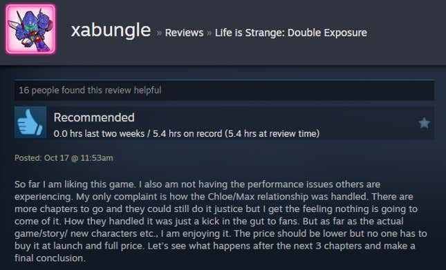 A screenshot shows a Steam review of Life is Strange: Double Exposure.