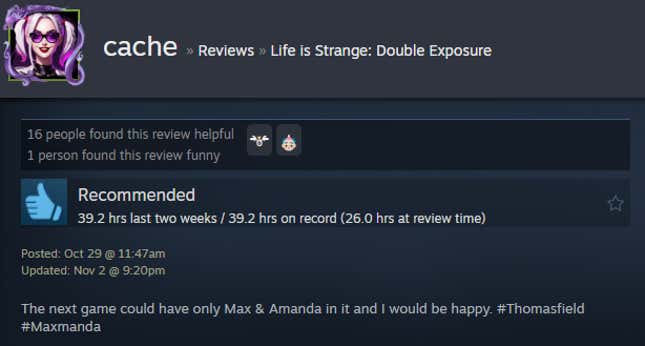 A screenshot shows a Steam review of Life is Strange: Double Exposure.