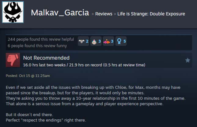 A screenshot shows a Steam review of Life is Strange: Double Exposure.