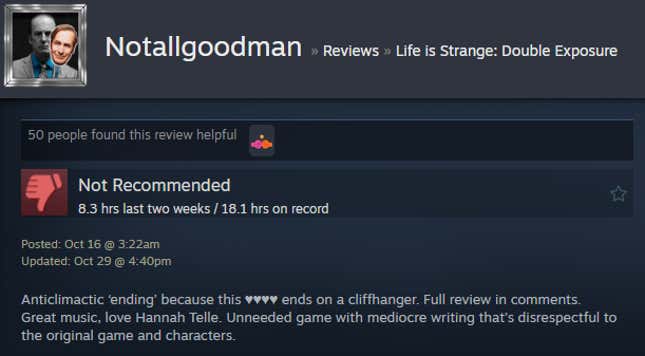 A screenshot shows a Steam review of Life is Strange: Double Exposure.