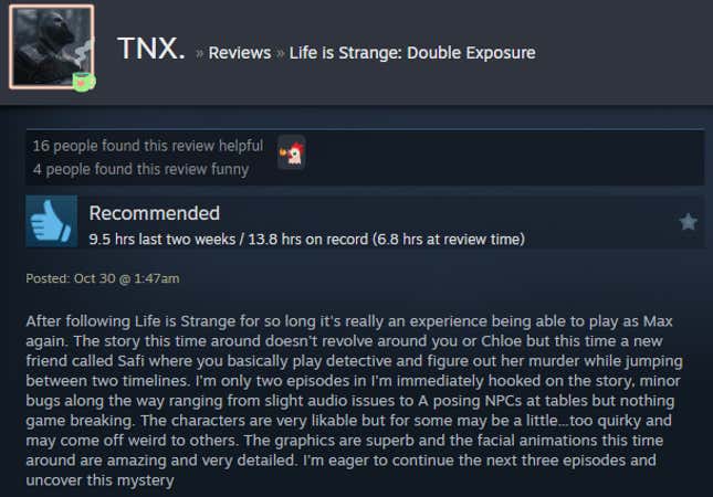 A screenshot shows a Steam review of Life is Strange: Double Exposure.