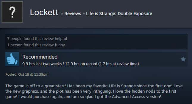 A screenshot shows a Steam review of Life is Strange: Double Exposure.