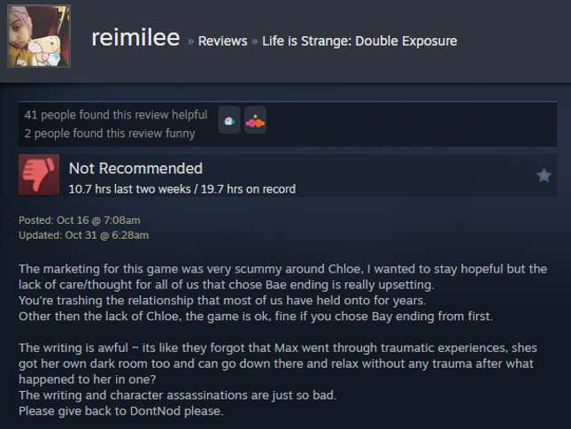 A screenshot shows a Steam review of Life is Strange: Double Exposure.