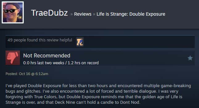 A screenshot shows a Steam review of Life is Strange: Double Exposure.