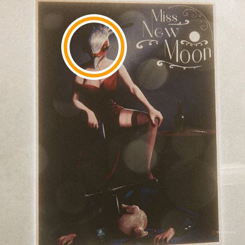 An orange circle shows the location of a Miss New Moon collectible item in Chicken Police - Into The Hive