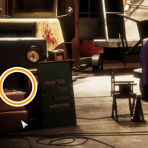 An orange circle shows the location of a Miss Solasis collectible item in Chicken Police - Into The Hive