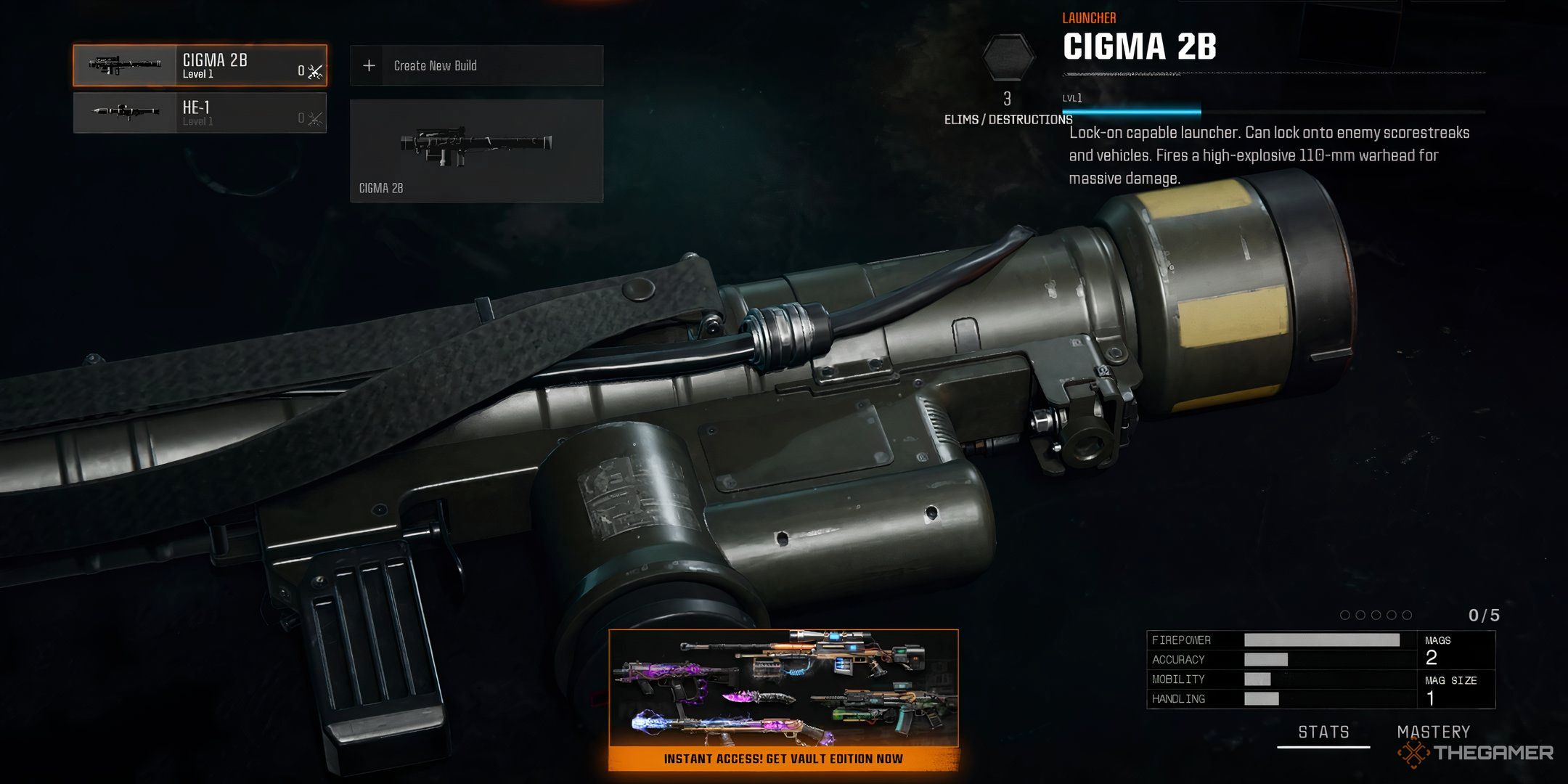 Showcasing the CIGMA 2B in Call of Duty Black Ops 6's Secondary Weapons Menu.