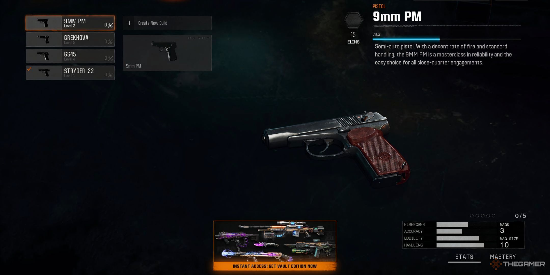 Showcasing the 9mm PM in Call of Duty Black Ops 6's Secondary Weapons Menu.