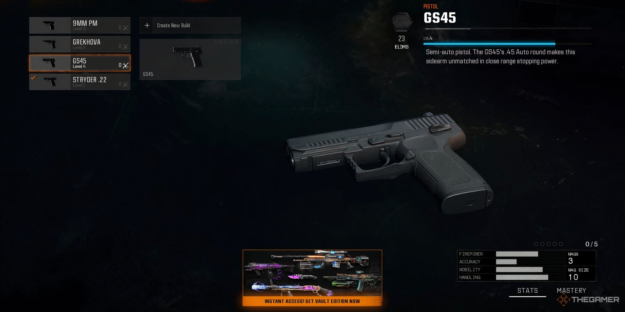 Showcasing the GS45 in Call of Duty Black Ops 6's Secondary Weapons Menu.