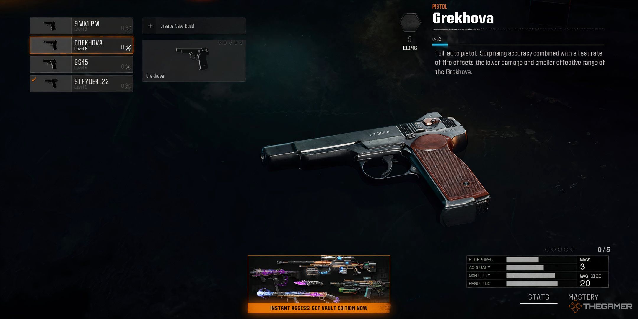 Showcasing the Grekhova in Call of Duty Black Ops 6's Secondary Weapons Menu.