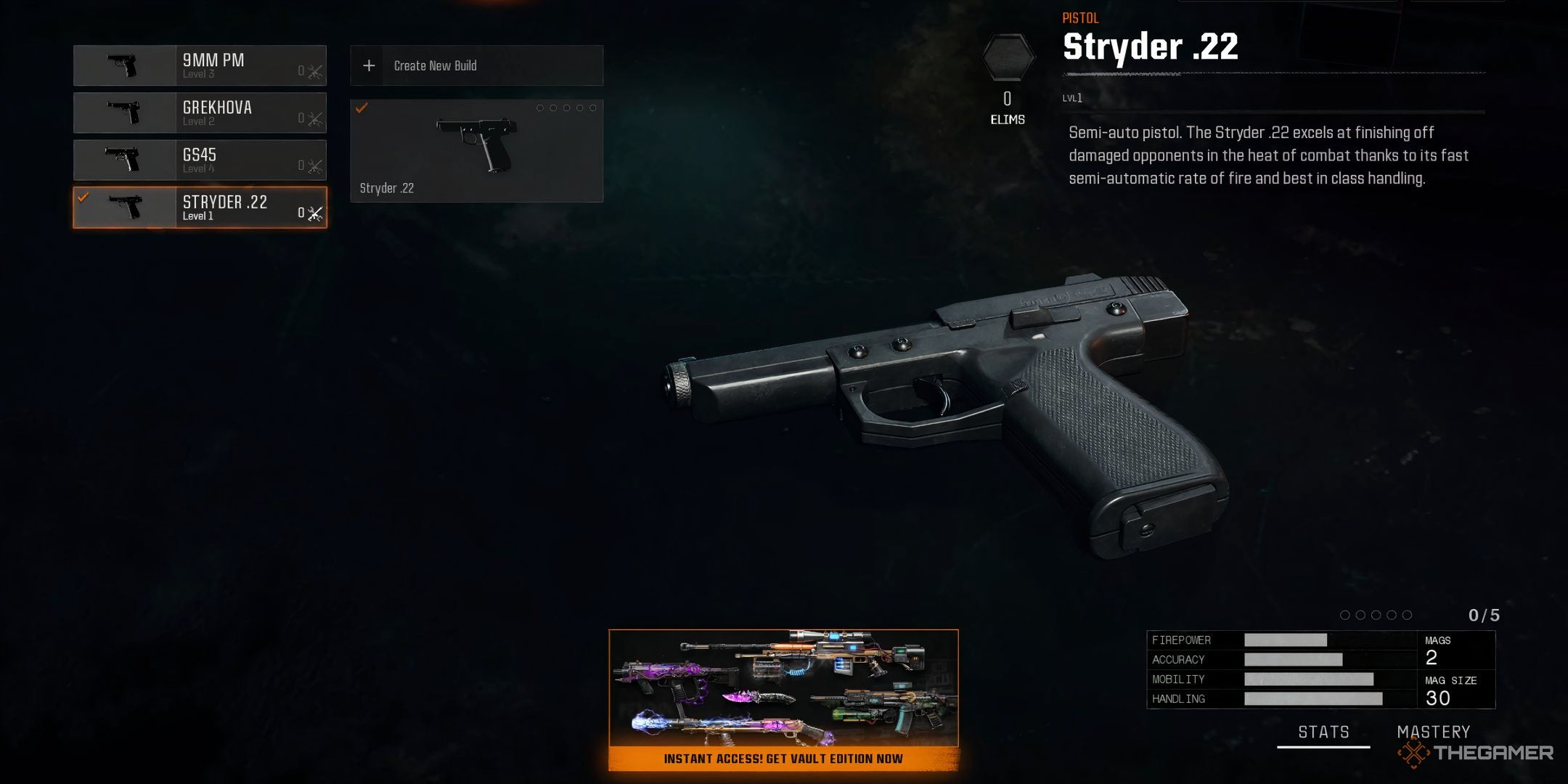 Showcasing the Stryder .22 in Call of Duty Black Ops 6's Secondary Weapons Menu.