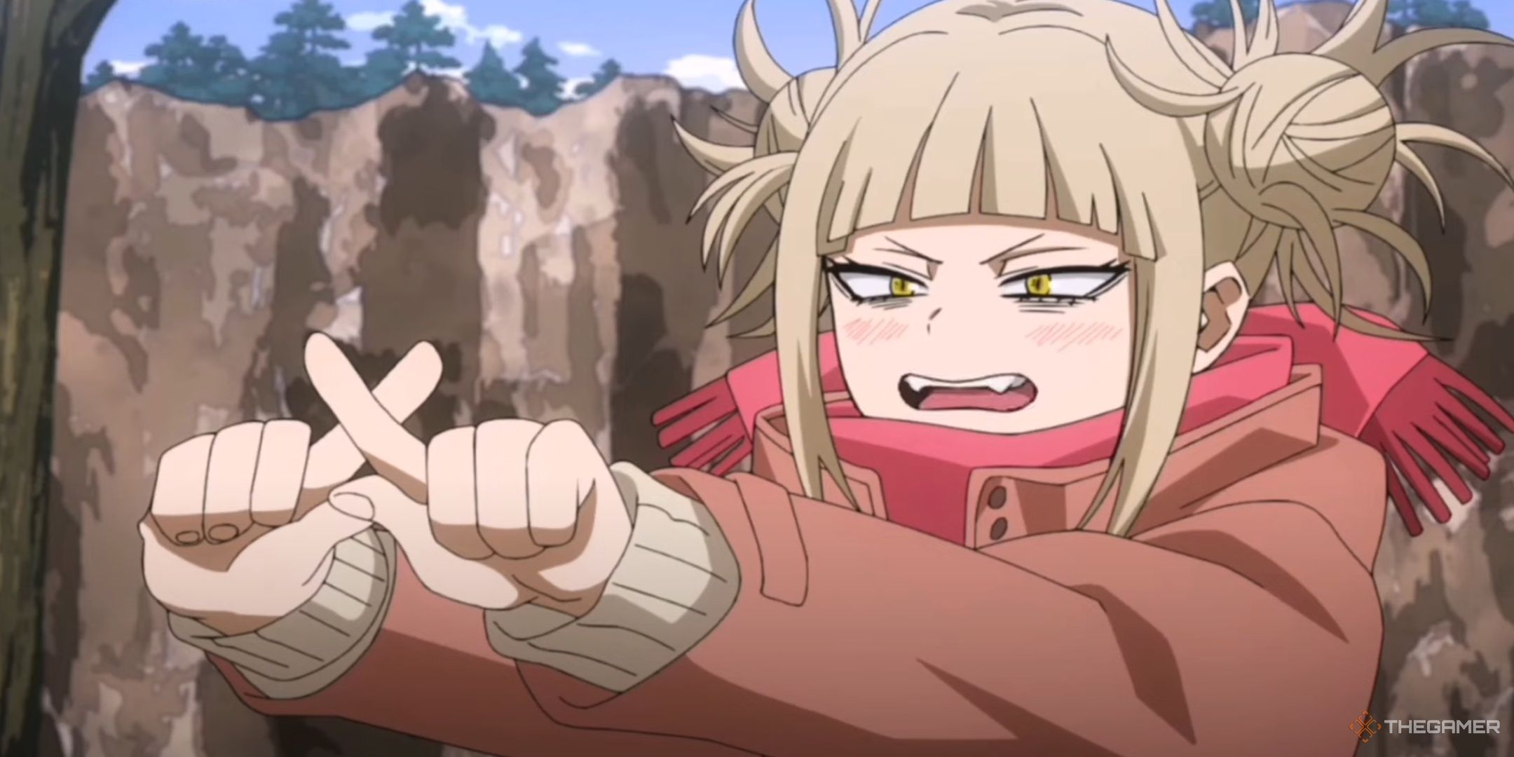 Himiko Toga making an X symbol with her fingers in My Hero Academia.