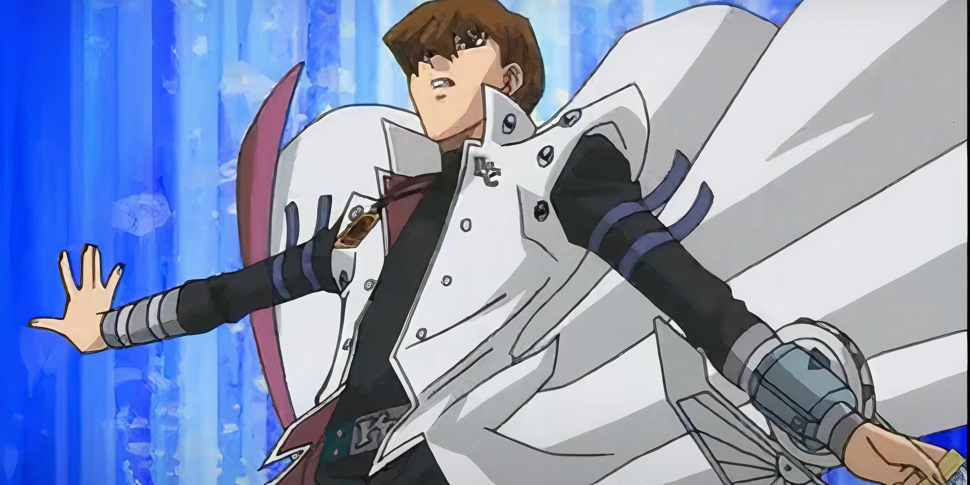 Yu-Gi-Oh Seto Kaiba with his coat blowing in the wind.