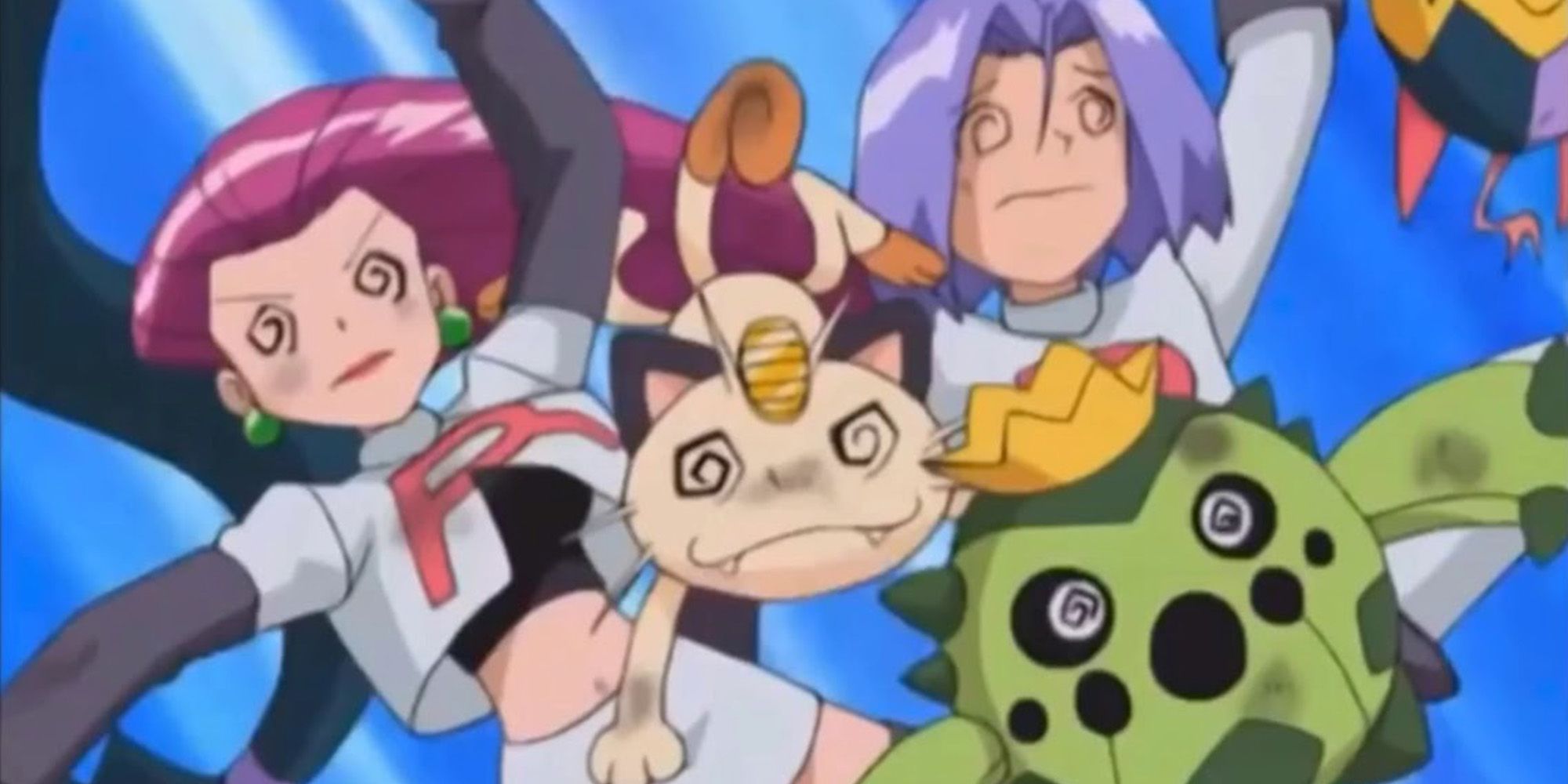 Jessie James and Meowth of Team Rocket "blasting off again" with squiggles in their eyes